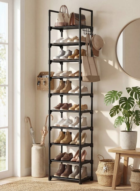 Shoe Rack - 10-Tier Shoe Organizer with Detachable Fabric Shelves & Metal Frame, Tall Shoe Rack for Closet, Entrance, Living Room, 16.9" x 11.8" x 68.5", Black